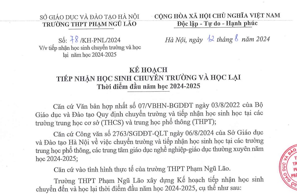 Kế hoạch tiếp nhận học sinh chuyển trường và học lại thời điểm đầu năm học 2024-2025